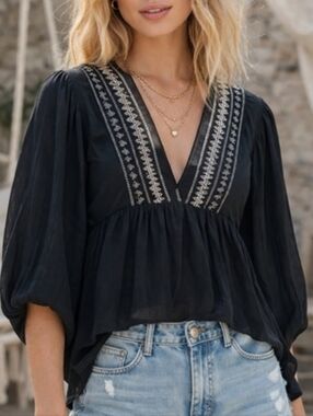 Black Embroidered V-Neck Peasant Top